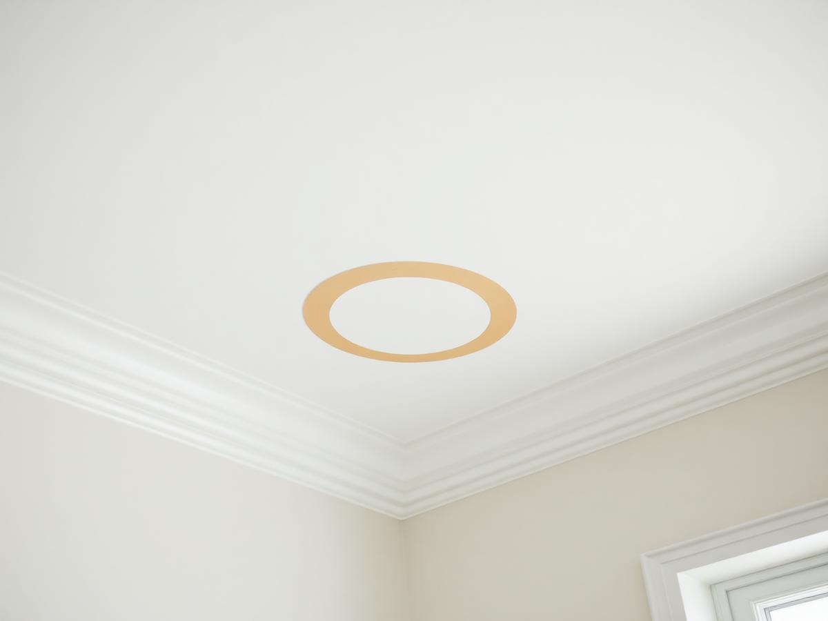 Light brown water discoloration ring on a white interior ceiling near crown molding