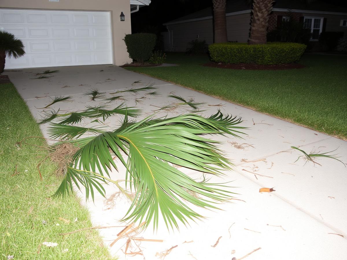 Palm fronds and small branches scattered across a Florida driveway and lawn