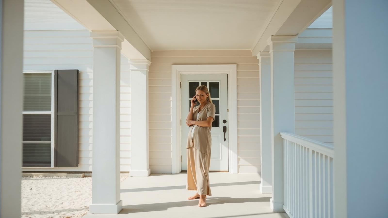 Morgan Ellis making notes on a phone while standing on the shaded porch of a Florida home