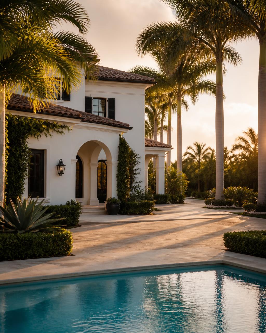 Elegant Palm Beach style home with manicured tropical landscaping and a serene pool at golden hour