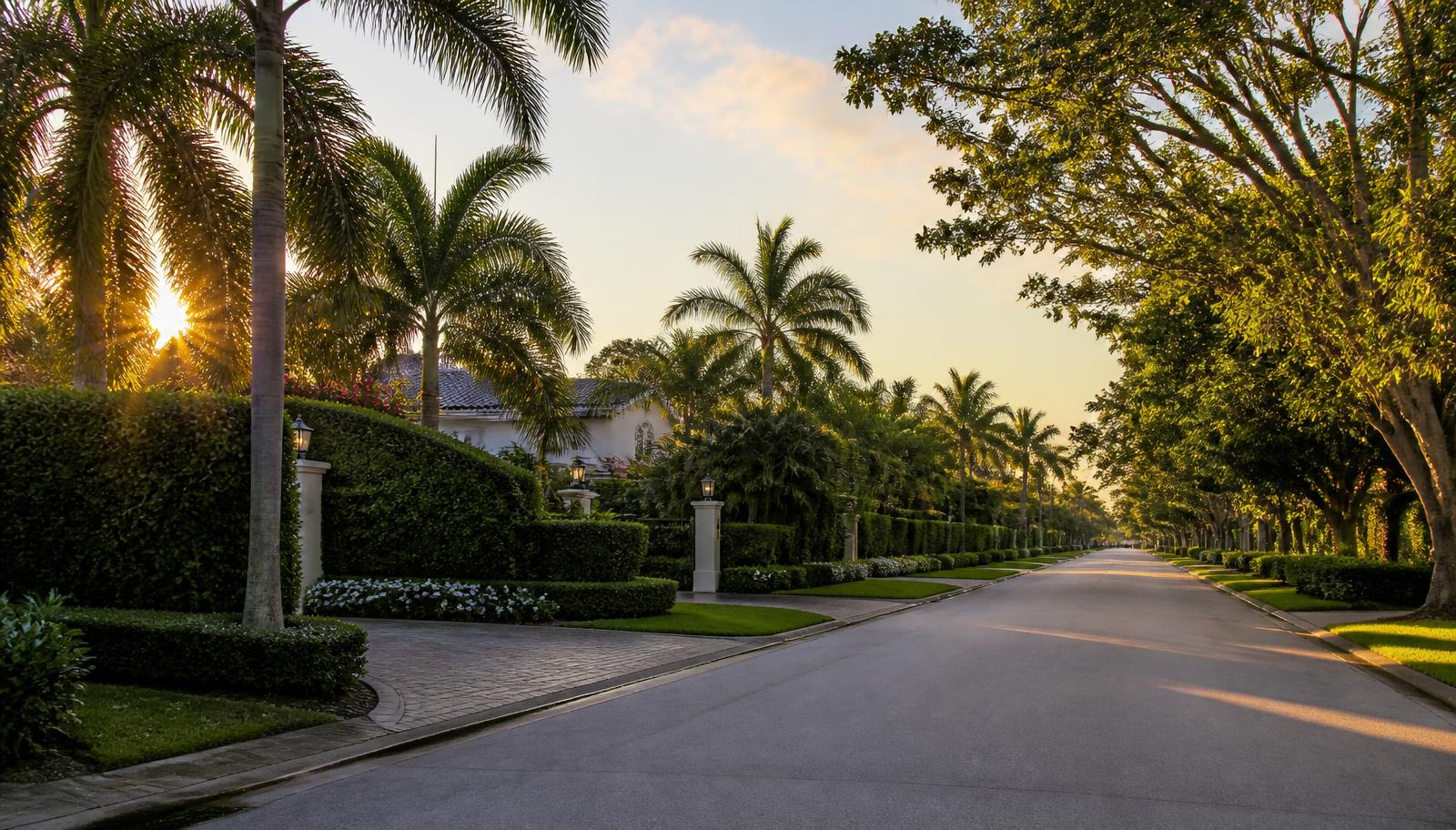 Quiet palm-lined Palm Beach County residential street in warm evening light