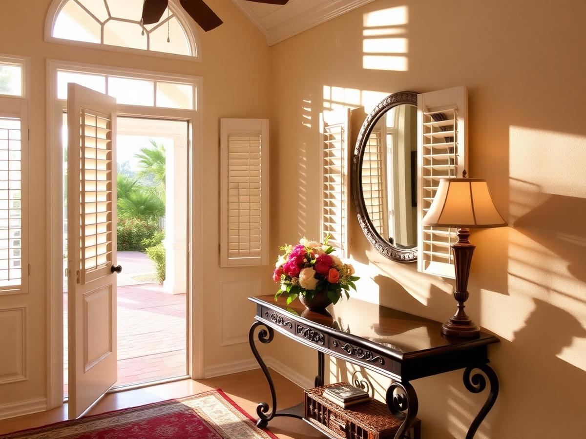 Welcoming Florida home entryway with fresh flowers on a console table in warm afternoon light