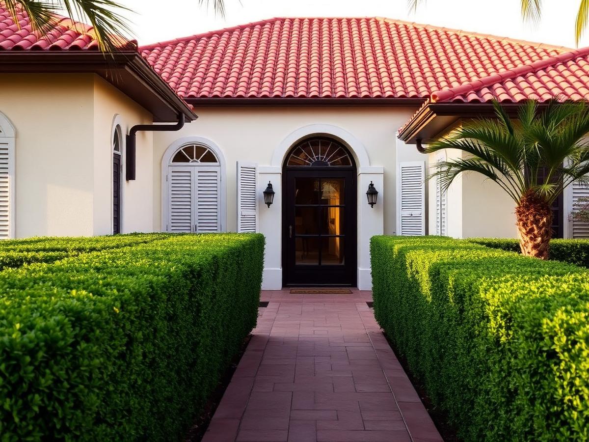 Front walkway, hedges, shutters and tile roofline of a Florida home seen from ground level