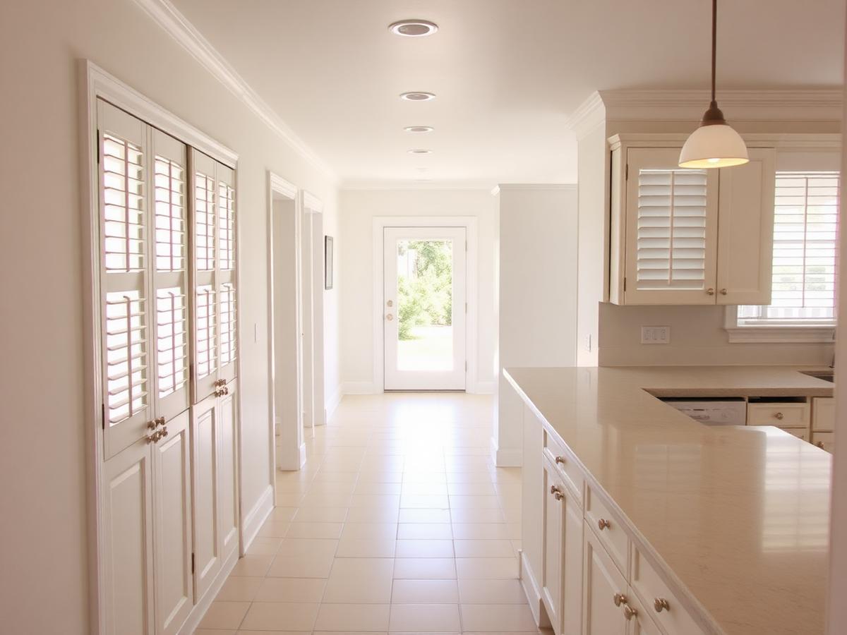 Bright, tidy interior hallway and kitchen of an unoccupied coastal home