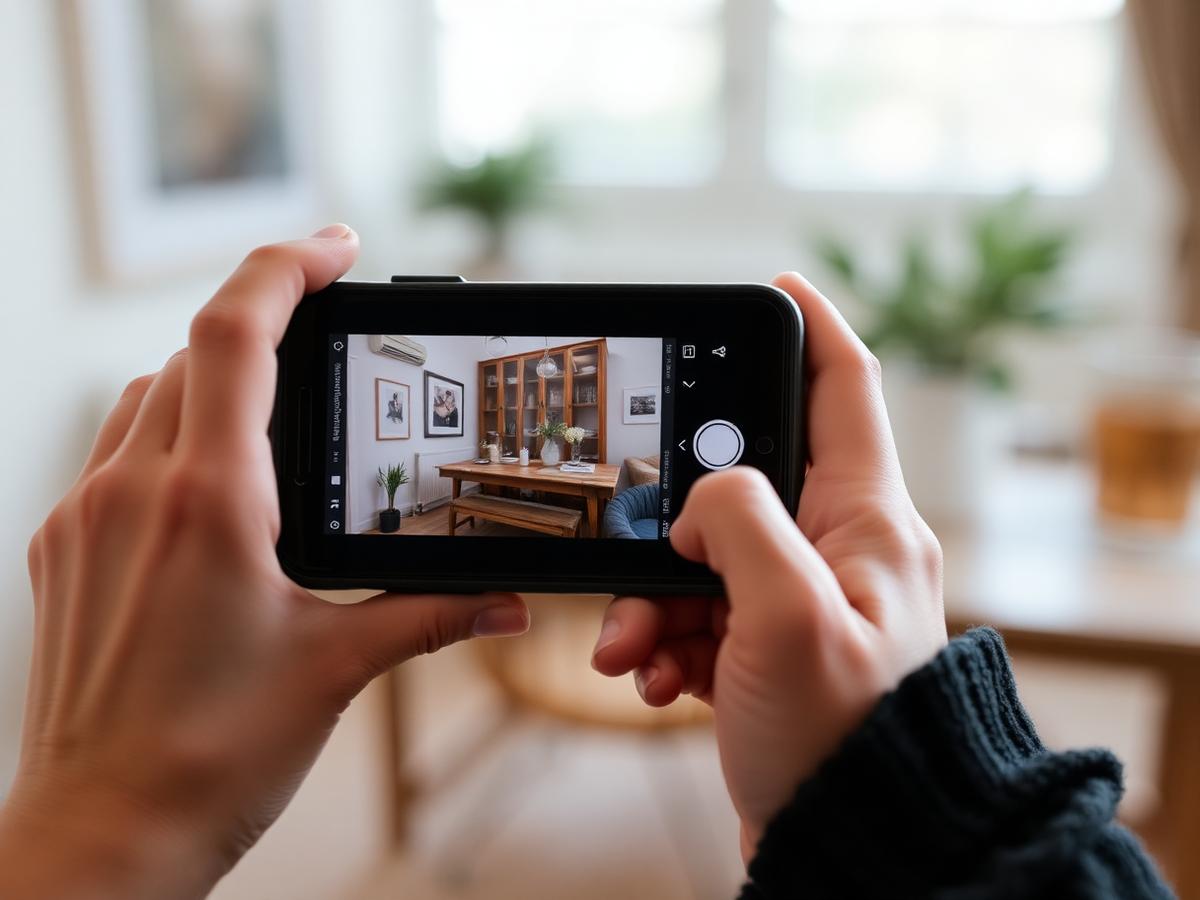 Hands photographing a detail of a home interior with a smartphone for a visit report