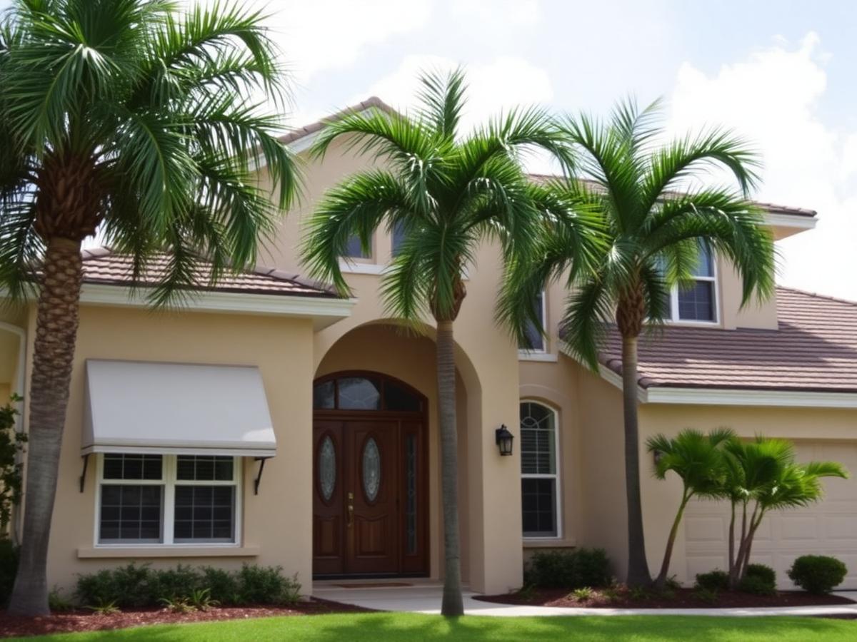 Florida home exterior with closed shutters and palms under a clearing sky